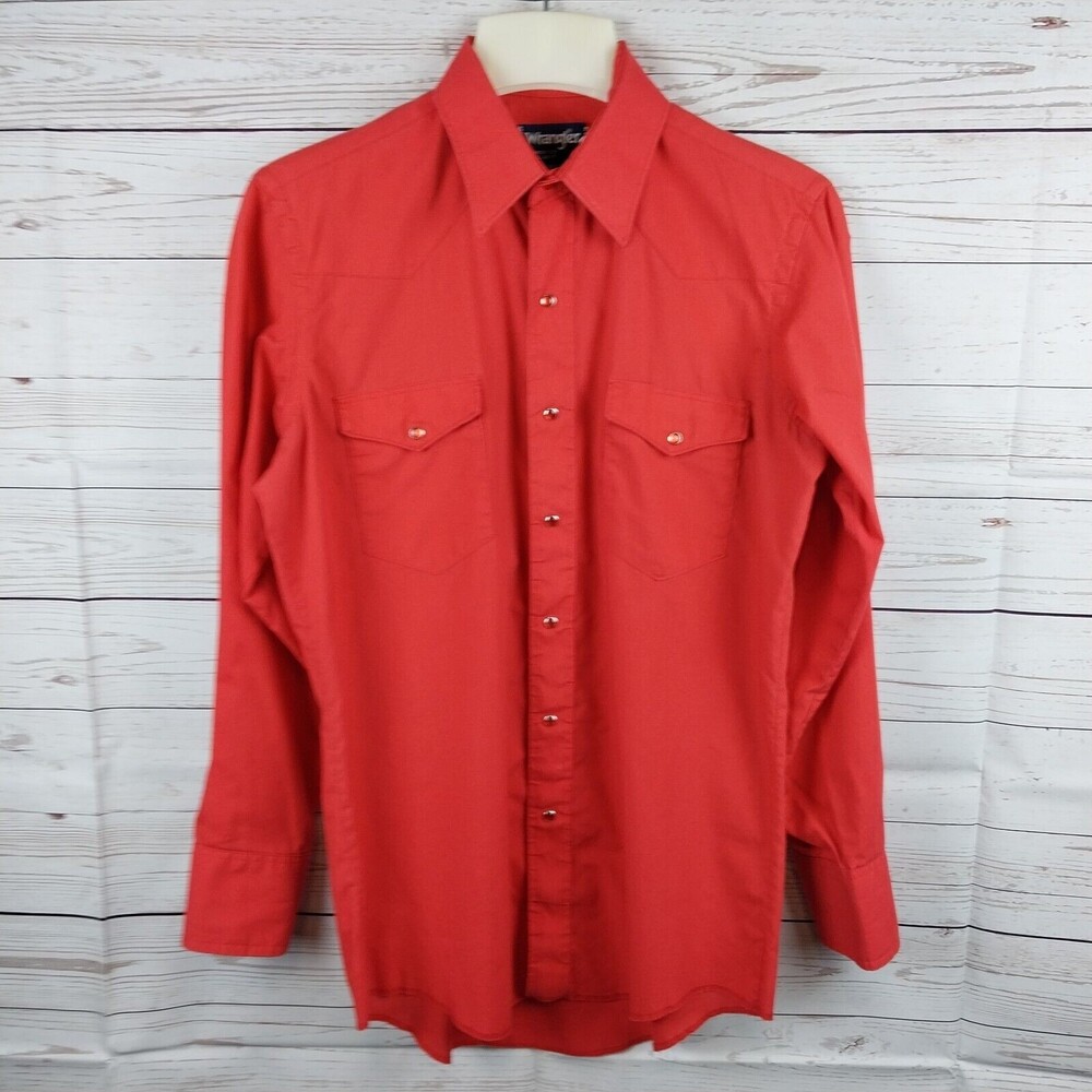 Wrangler Red Western Cowboy Cut Single Stitch Shirt Sz 15.5 33 X-Long Tail Snaps
